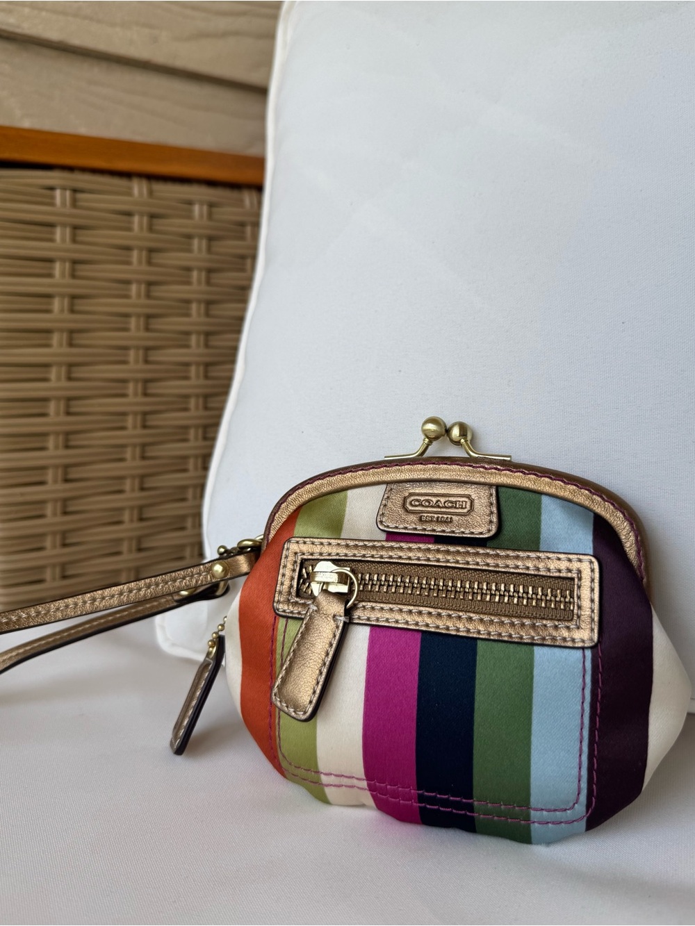 Coach Legacy Stripe Satin Frame Kisslock Coin Purse/Wristlet